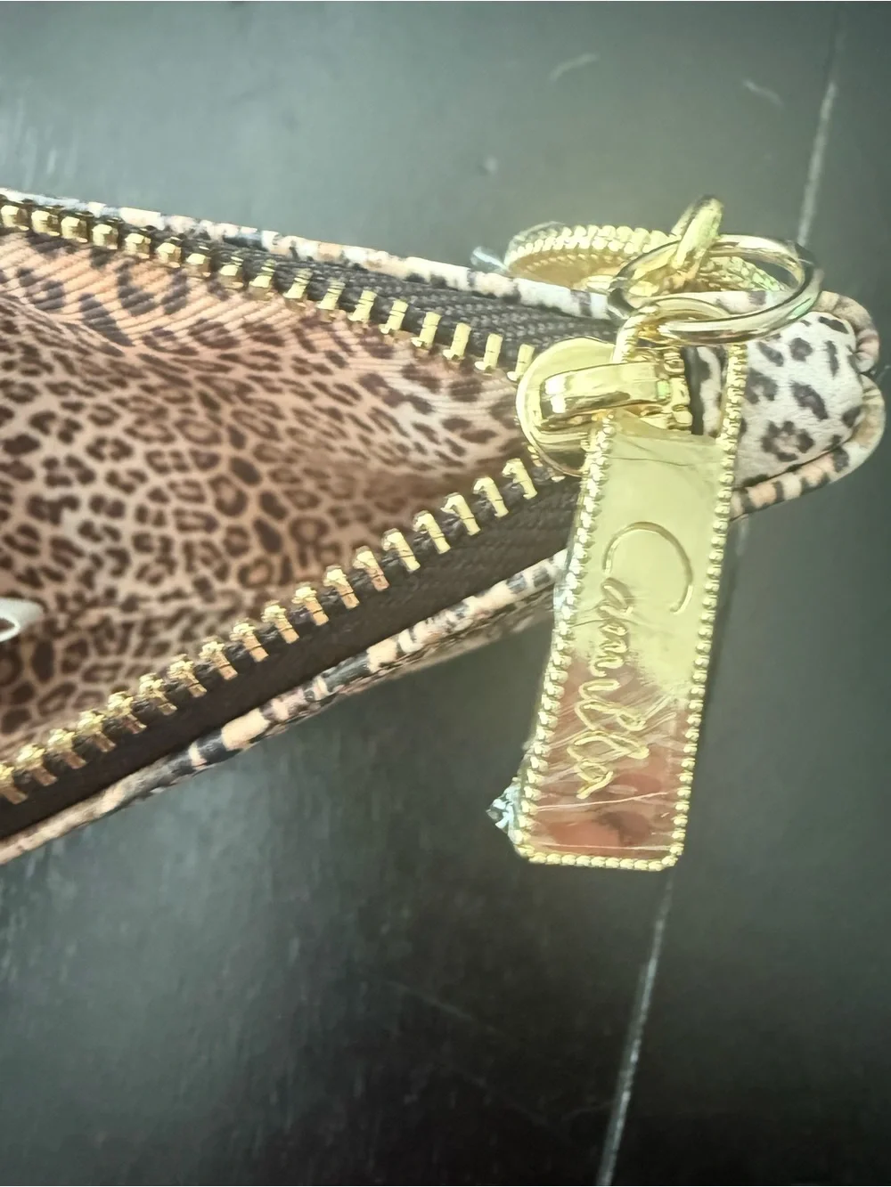 Camilla Gold-Tone Chain Keyring Card Pouch with Leopard Motif
